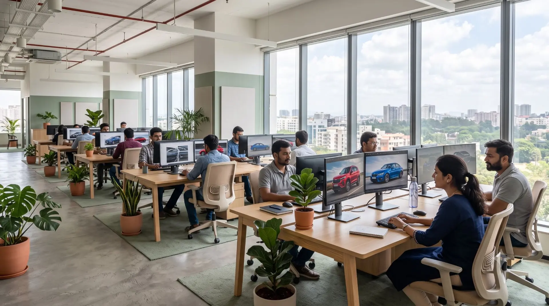The HelloRamp QC floor: reviewers at dual-monitor workstations checking vehicle photography, daylight through full-height windows