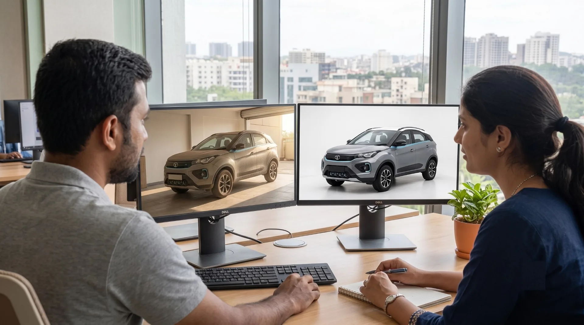 Two HelloTrust reviewers checking vehicle images on screen
