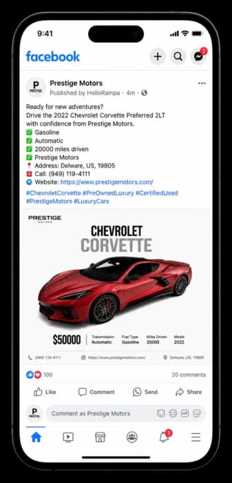 Facebook post generated for a vehicle