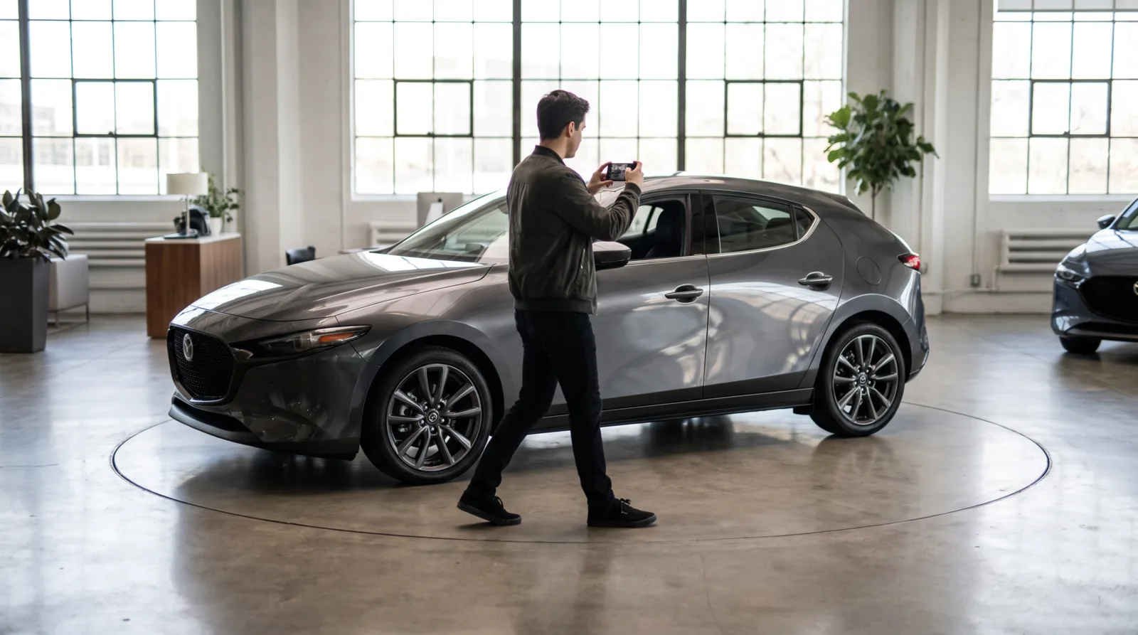 Person capturing a 360 spin of a hatchback by walking around it with a smartphone