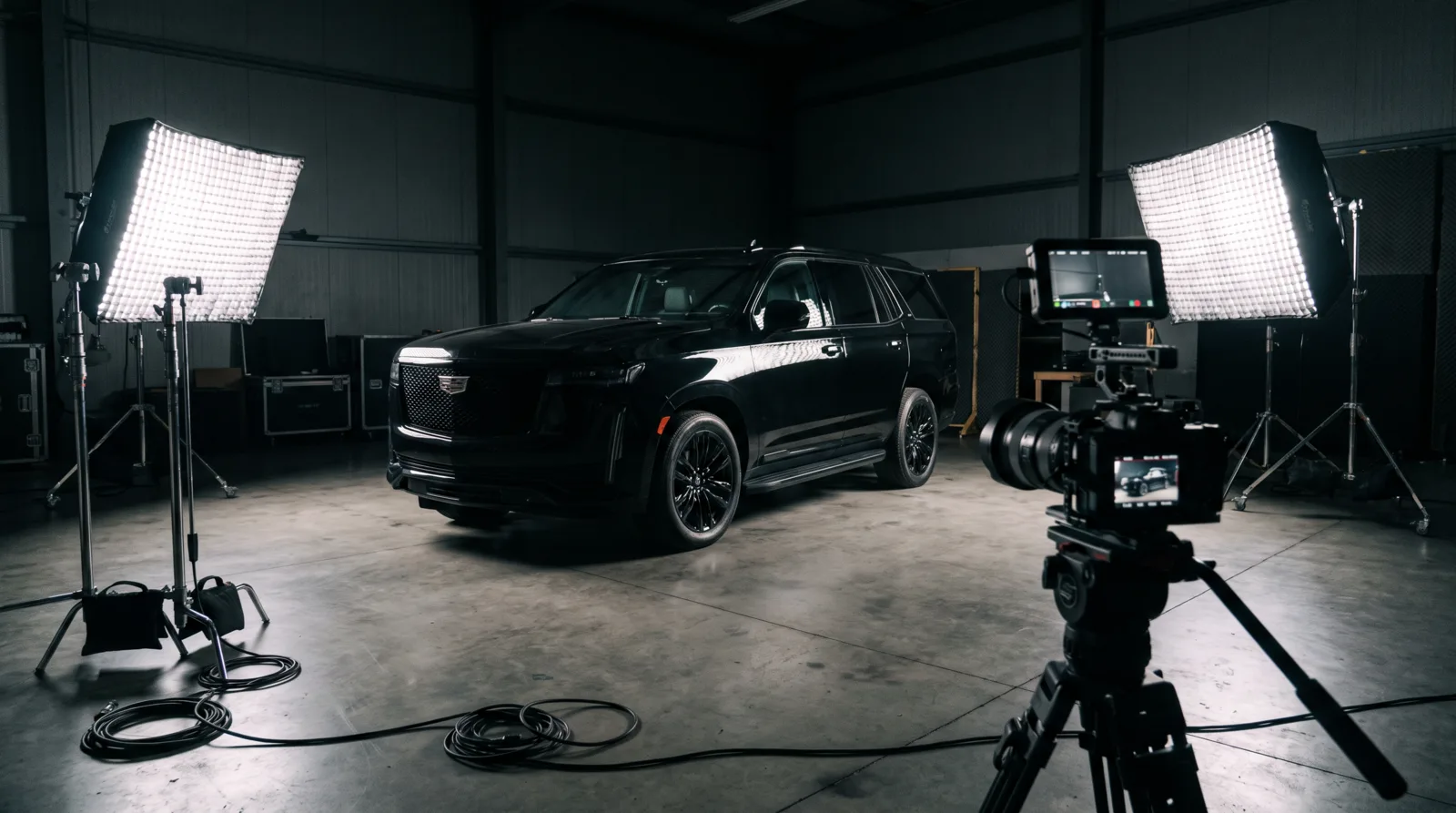 SUV lit by LED panels with a camera on a tripod in an indoor video setup