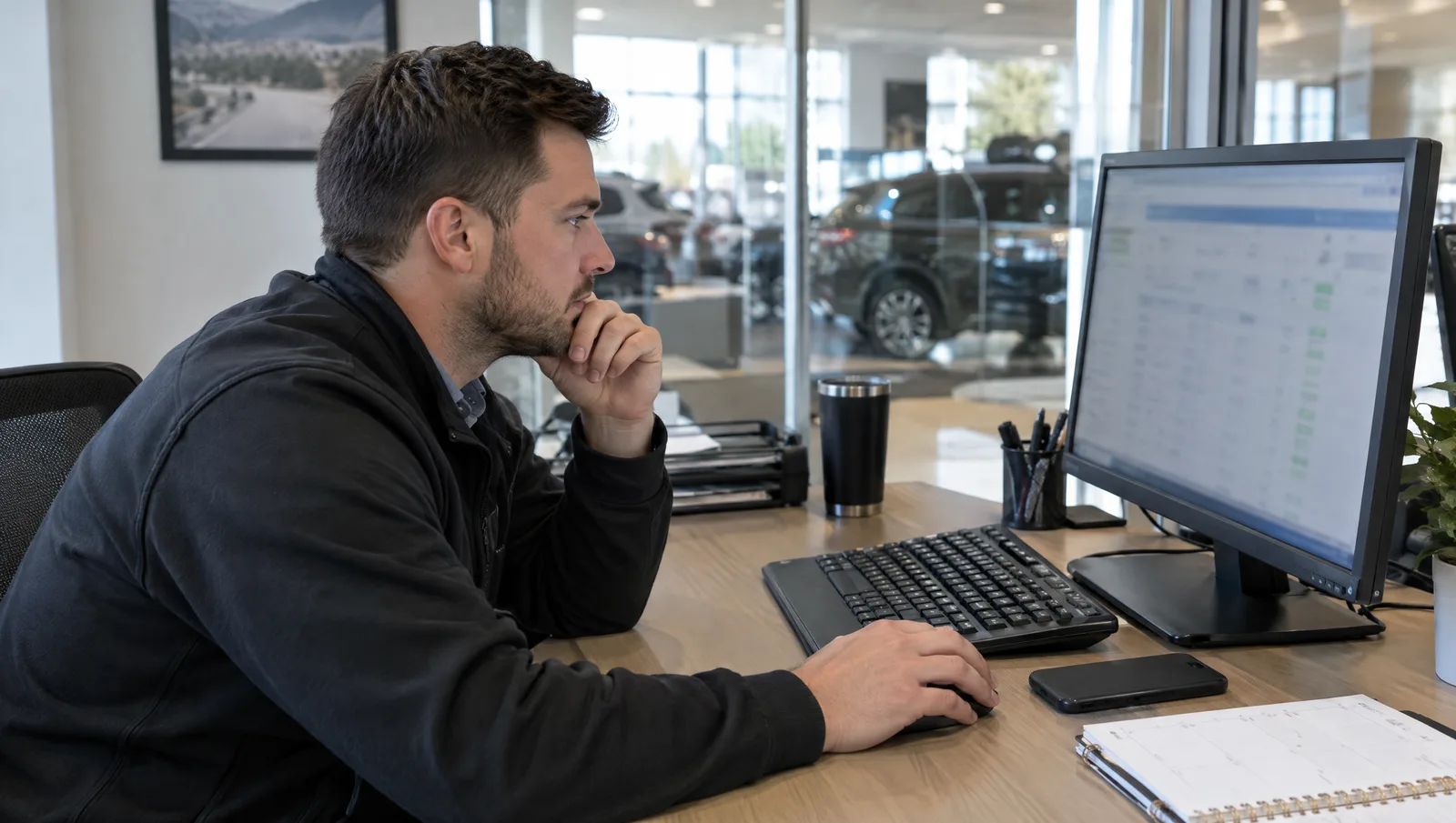 BDC manager at a desk reviewing a follow-up schedule on a computer monitor with a phone beside the keyboard