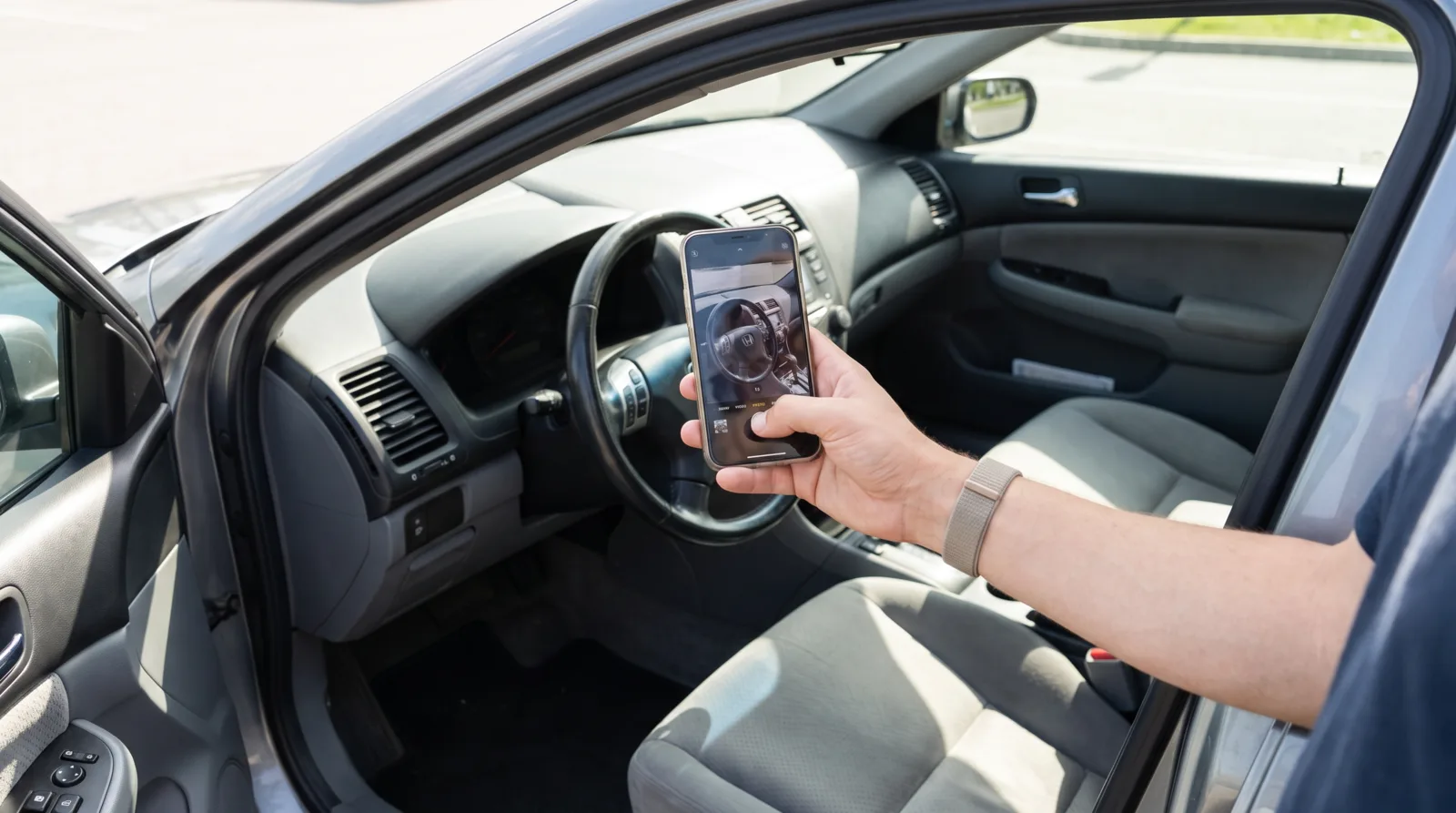 Photographing a clean dashboard through the wide-open driver's door