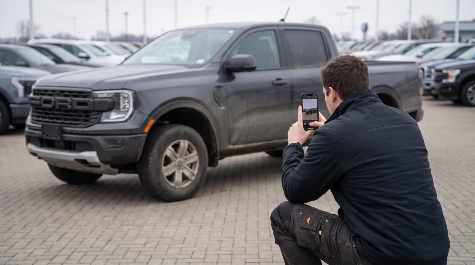 Photographer crouching low at the front three-quarter angle of a pickup truck