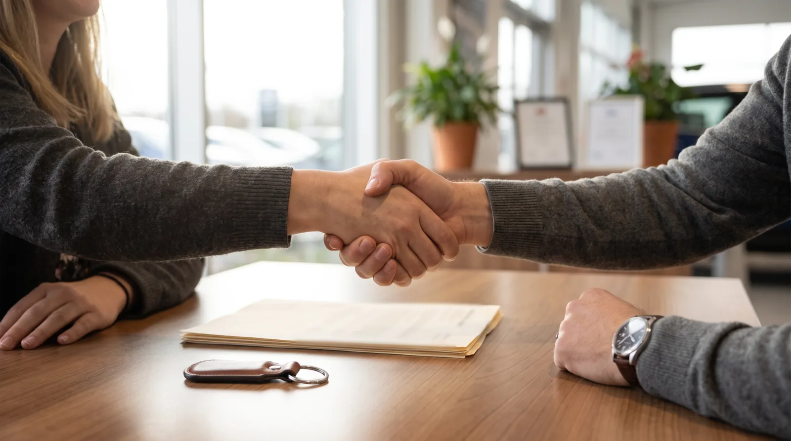 Salesperson and customer shaking hands after agreeing a vehicle sale