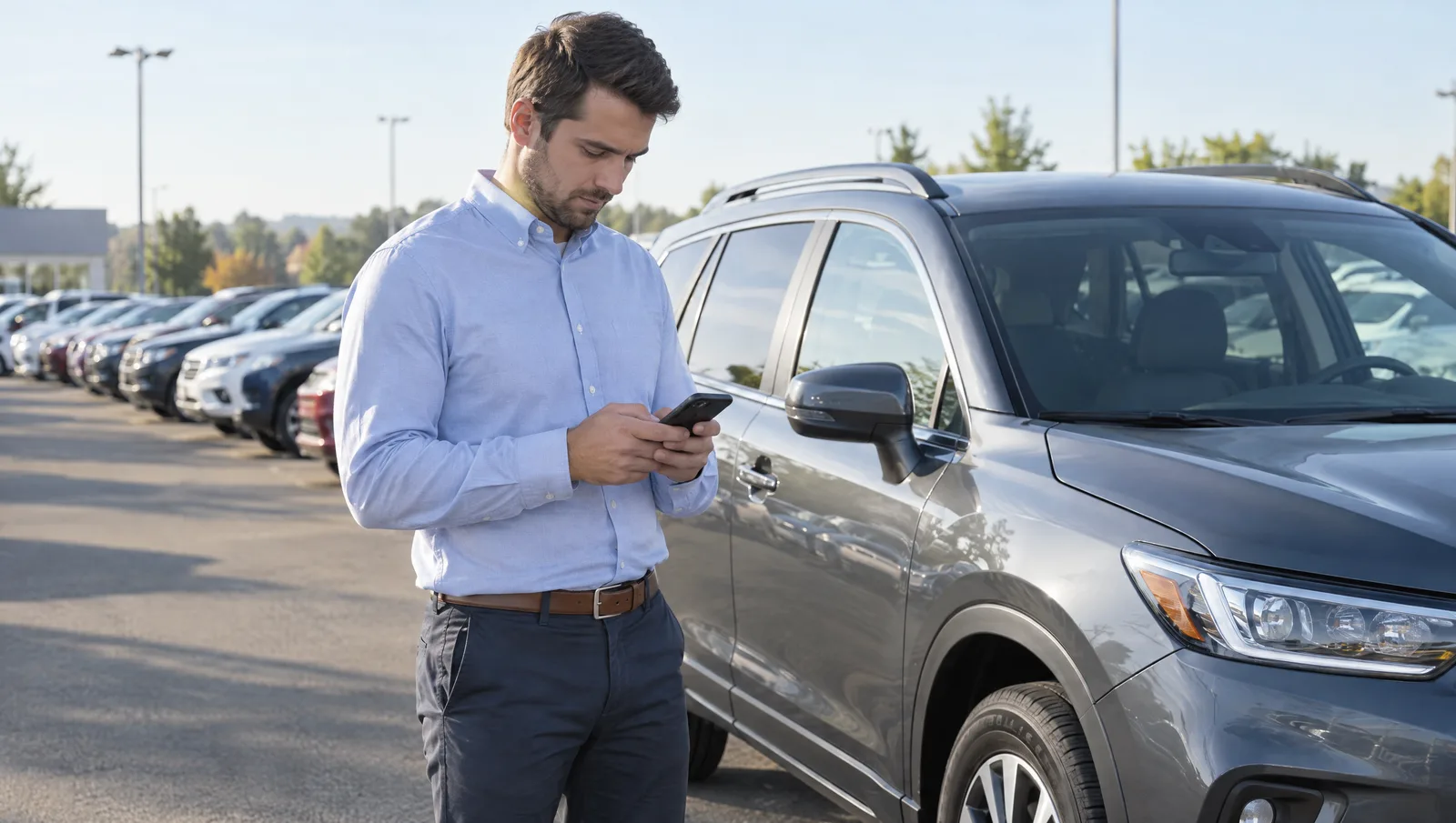 Car salesperson standing beside a used SUV on a dealership lot, typing a reply on a smartphone