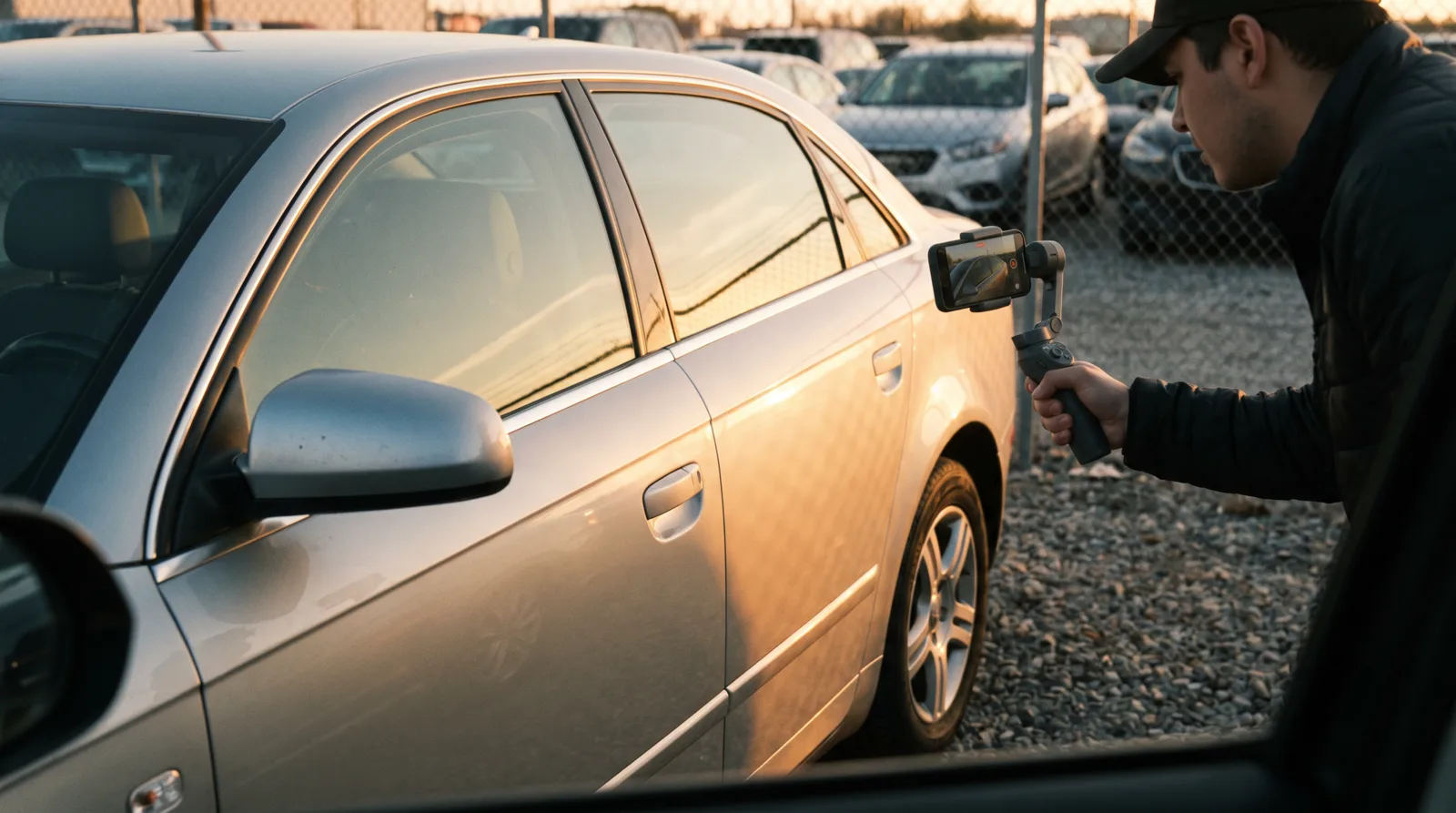Filming along the side profile of a sedan with a smartphone in golden hour light