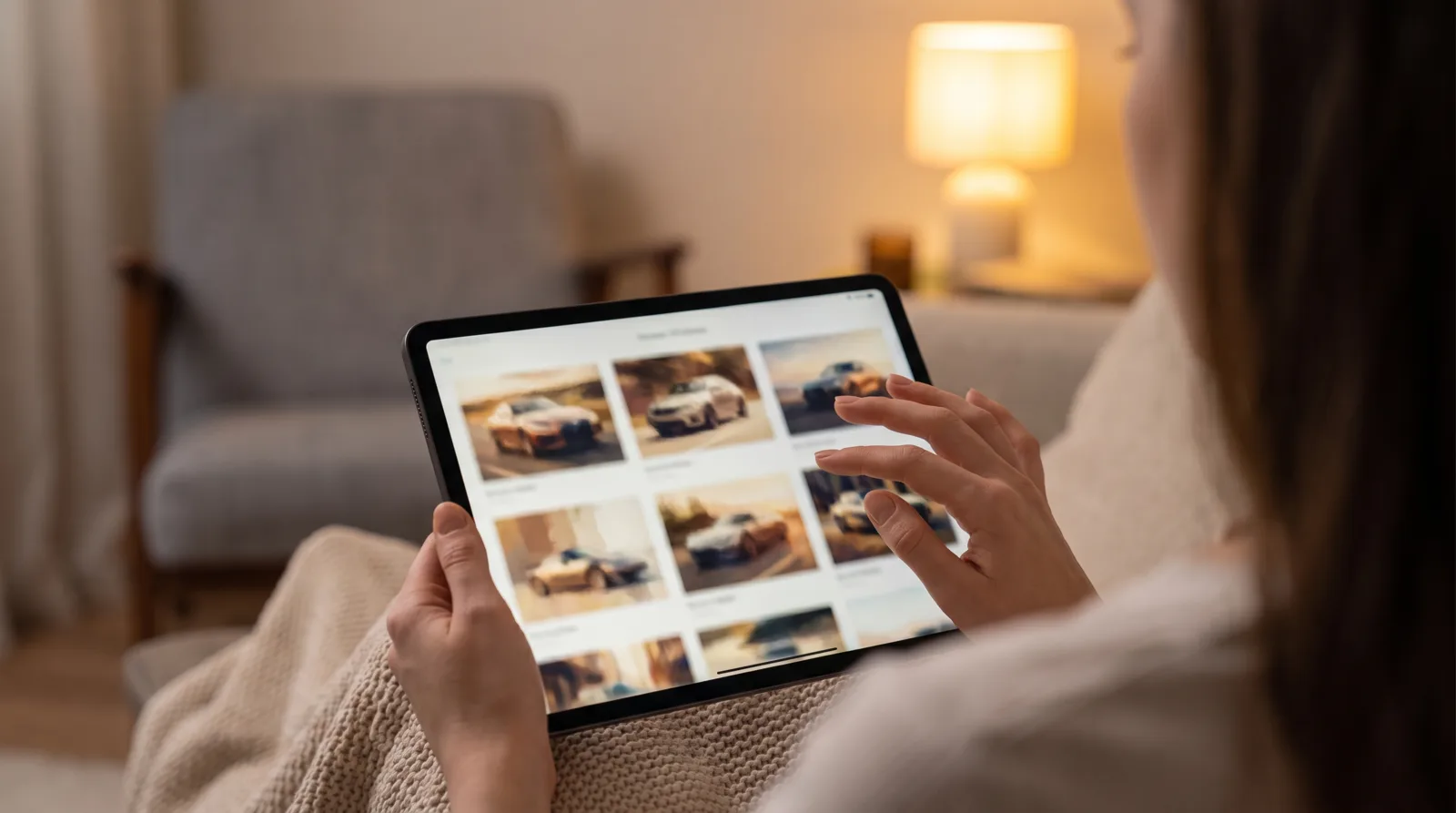 Car shopper browsing a vehicle detail page on a tablet at home