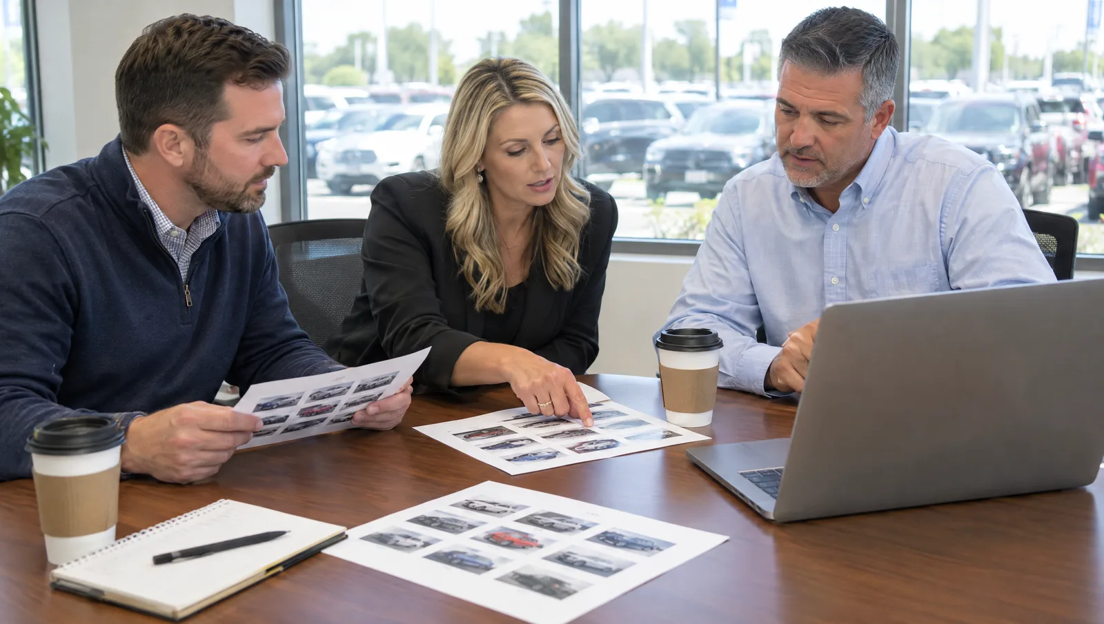 Three dealership managers at a conference table comparing vehicle photos on a laptop and printed sheets