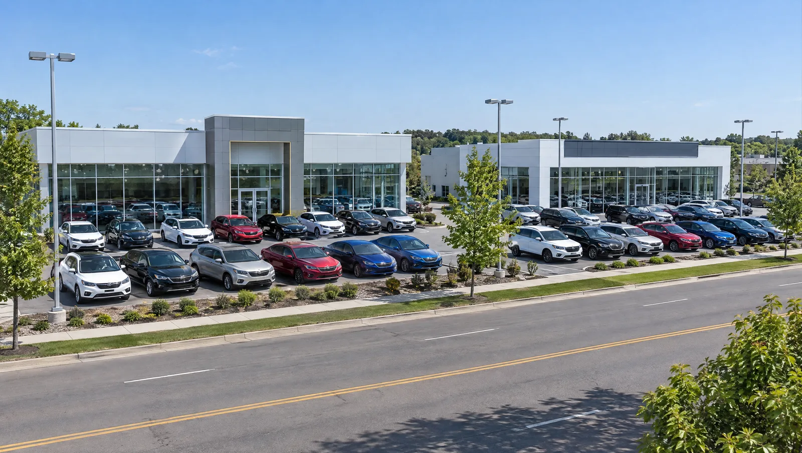 Rows of used cars parked in front of two neighboring dealership buildings under a clear sky