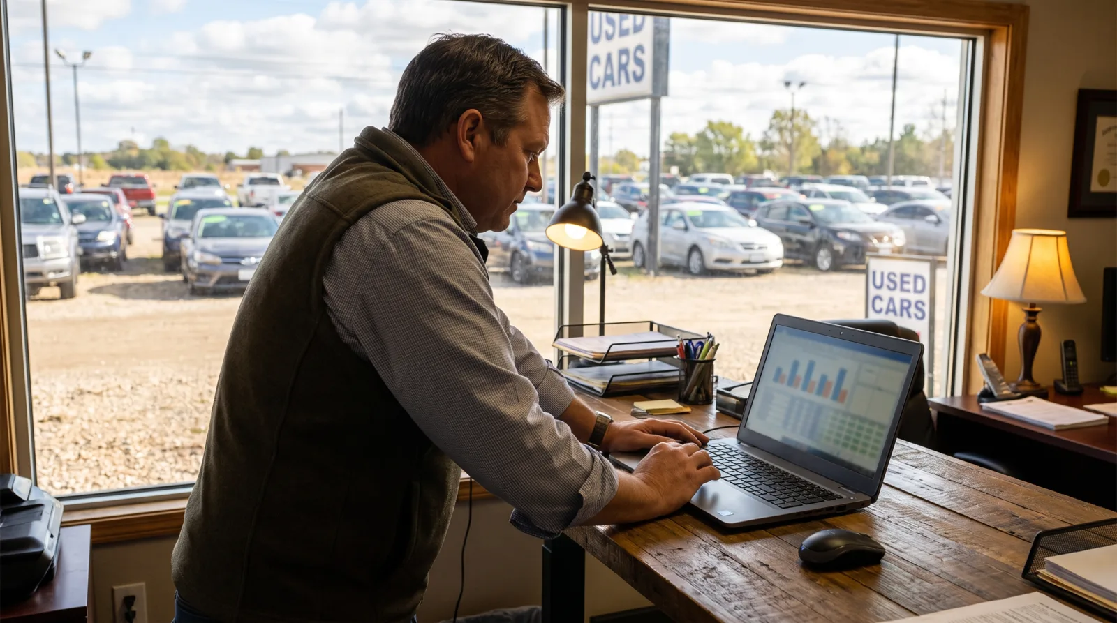 Used-car manager reviewing inventory data on a laptop at a dealership