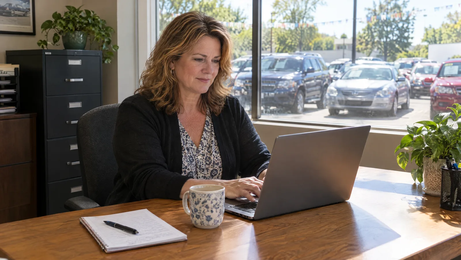 Used car dealership owner working on a laptop at a desk in a small showroom office