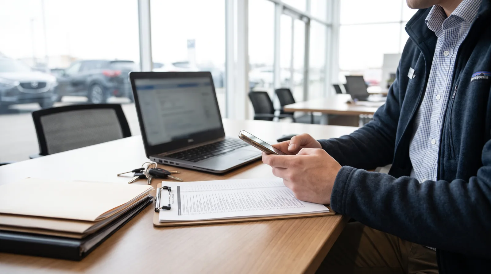 Dealership staff member preparing online vehicle listings at an organised desk