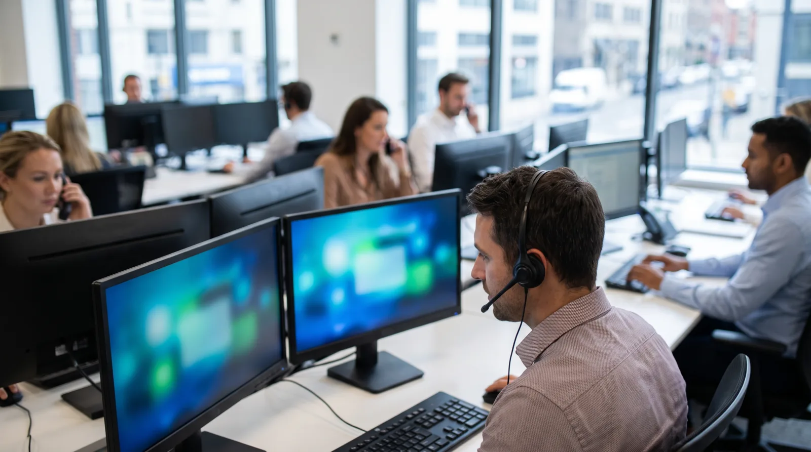 Dealership team member with a headset handling enquiries at a dual-monitor desk