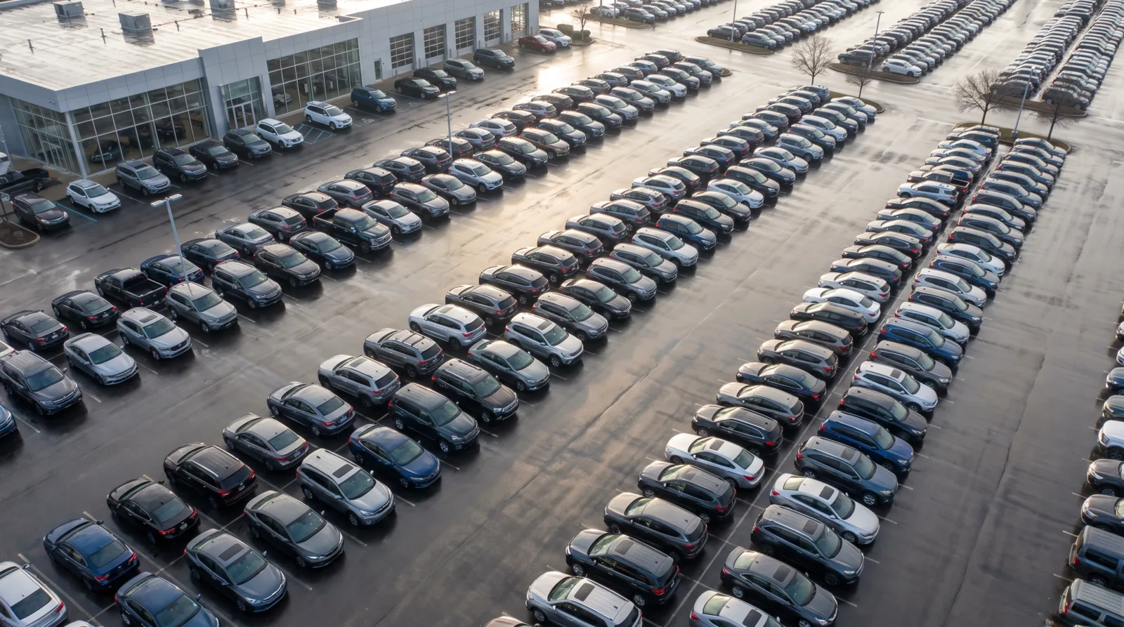 Rows of vehicles on a dealership lot presented with consistent angles and lighting