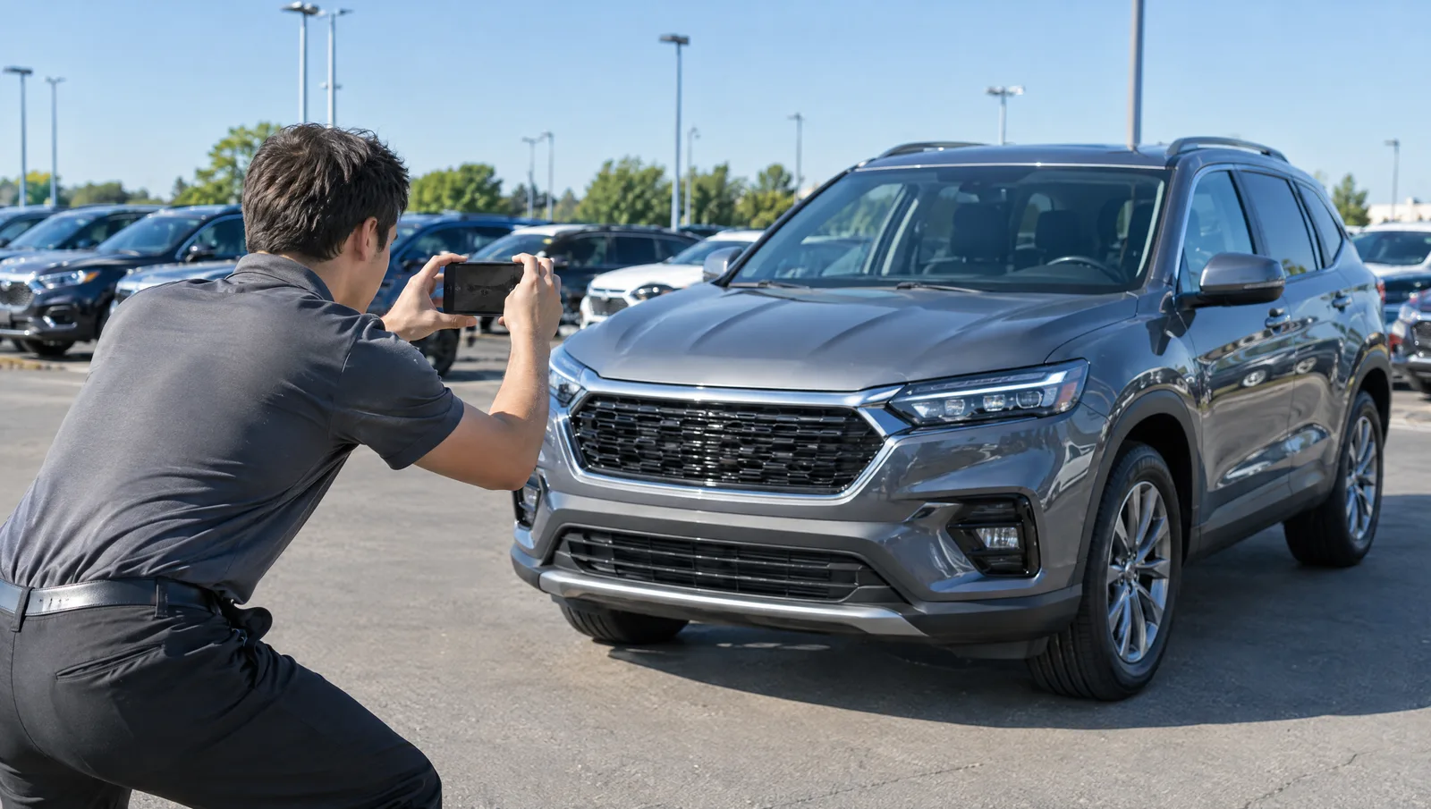 Lot attendant photographing a gray SUV with a smartphone on a dealership lot on a clear morning