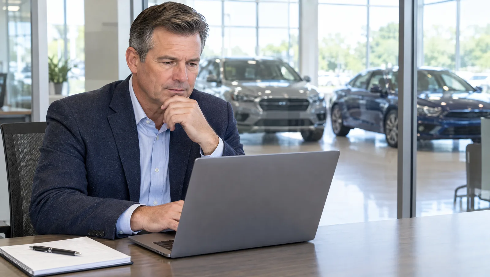 Dealership general manager reviewing the store website on a laptop in a glass-walled office