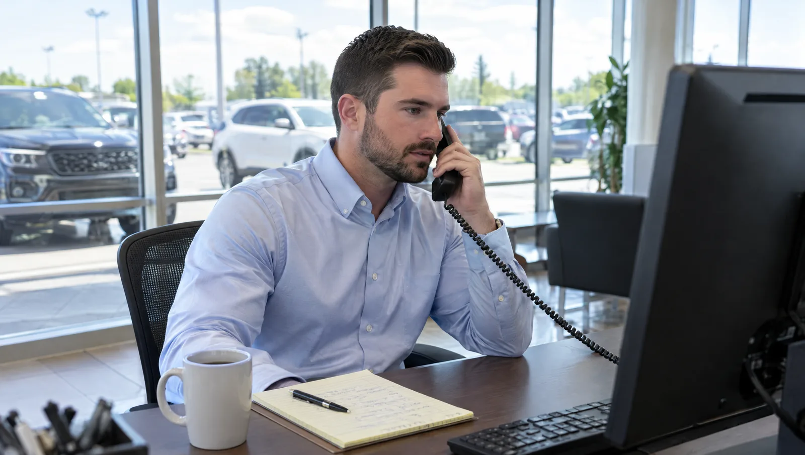 Car dealership sales rep making a phone call at a desk while looking at a monitor