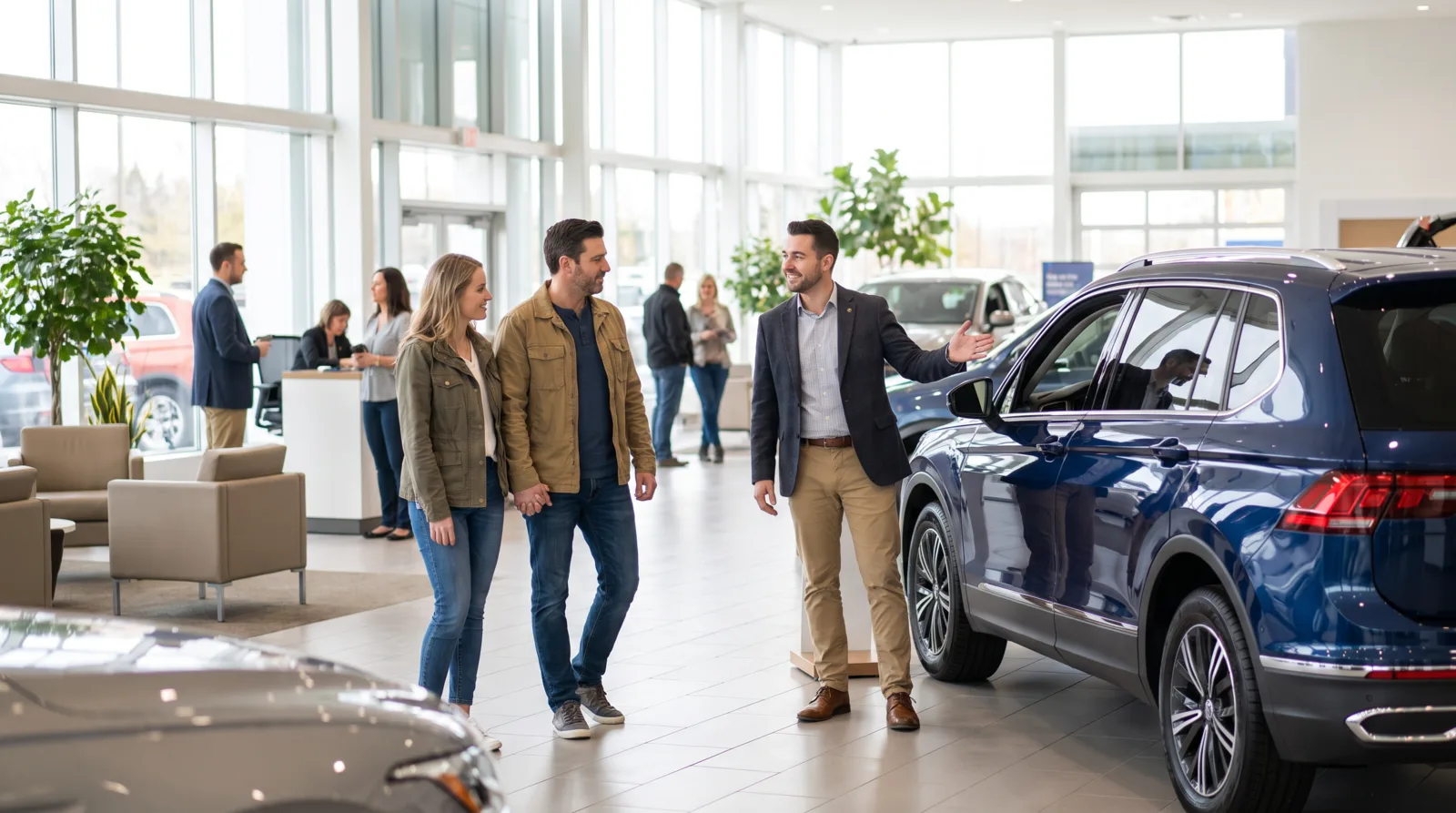 Customers speaking with a sales consultant in a dealership showroom