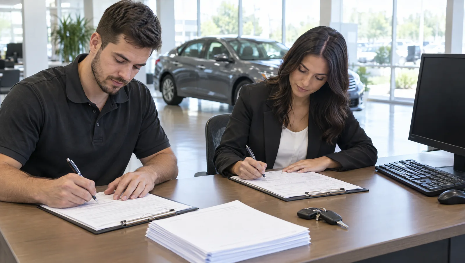 Two dealership employees completing paper vehicle sale forms at a sales desk