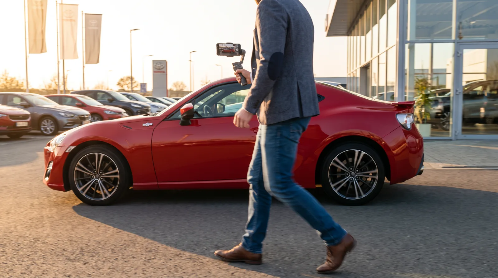 Salesperson recording a walkaround video of a coupe with a smartphone on a gimbal