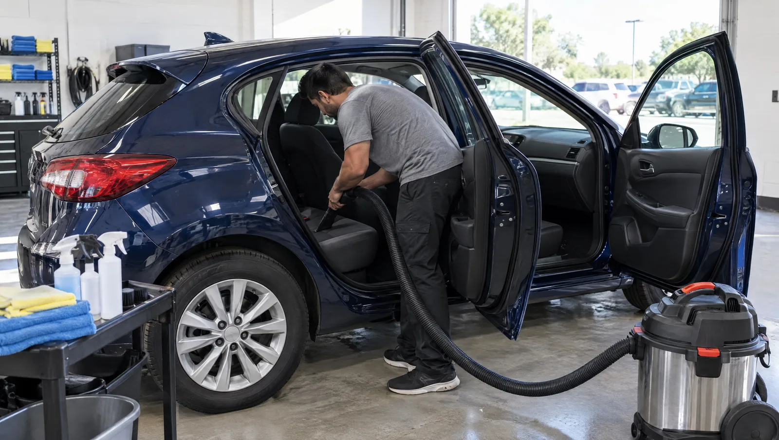 Detailer vacuuming the interior of a used hatchback in a dealership detail bay with the doors open