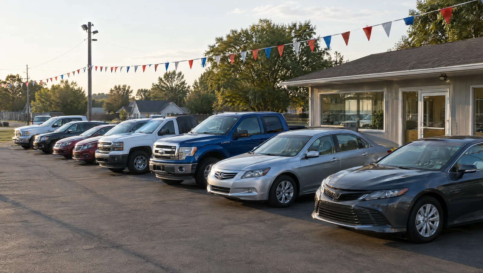 Small independent used car lot with a modest sales office and a row of sedans and pickups