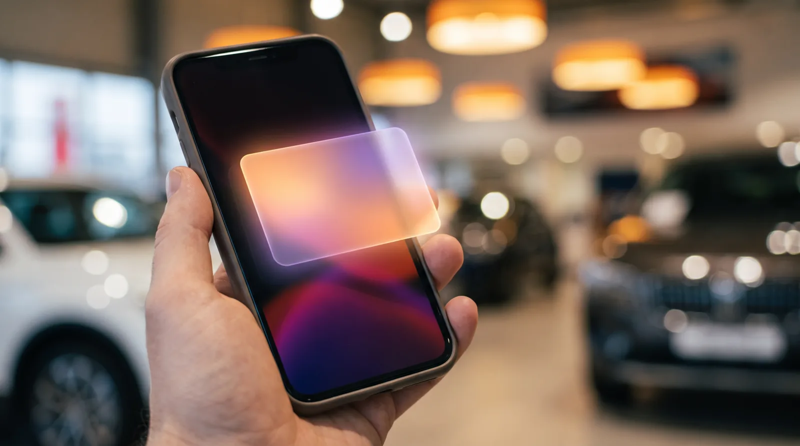 Hand holding a smartphone with a new enquiry notification, showroom lights in the background