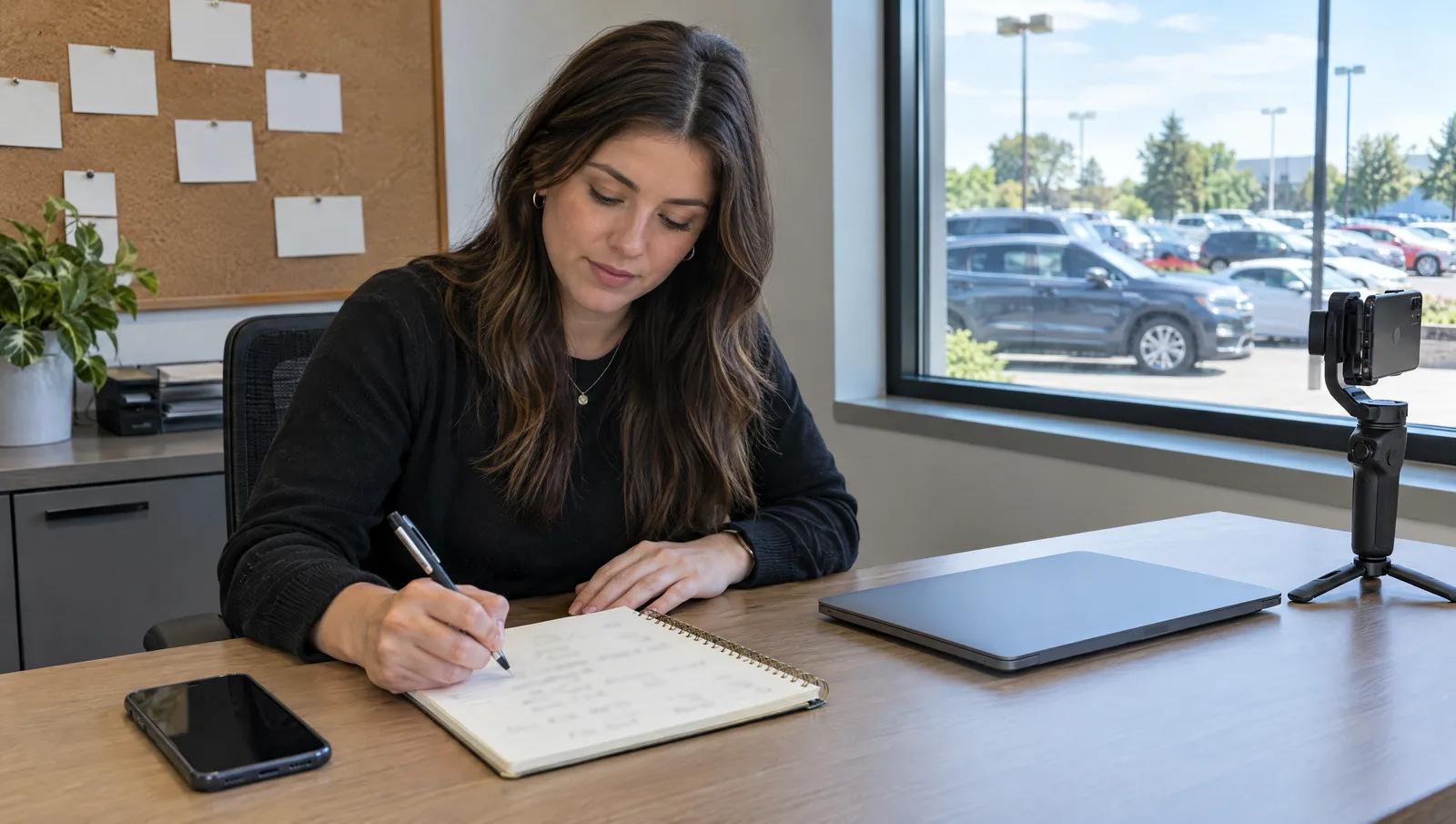 Marketing coordinator writing a weekly task list at a desk in a car dealership office