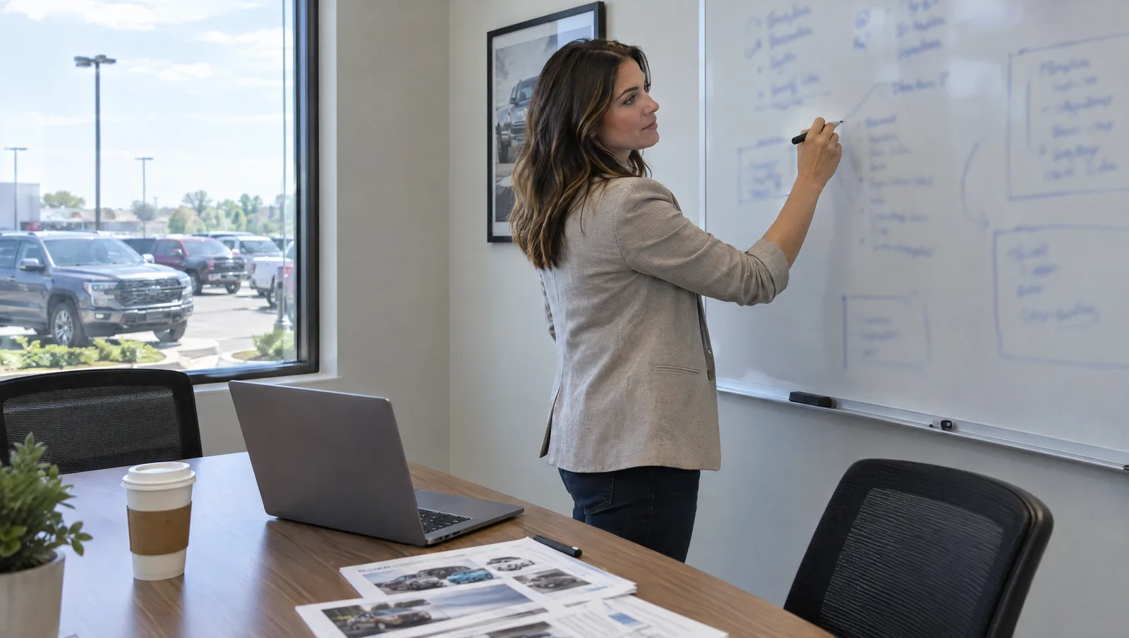 Dealership marketing manager writing a task list on a whiteboard in a meeting room