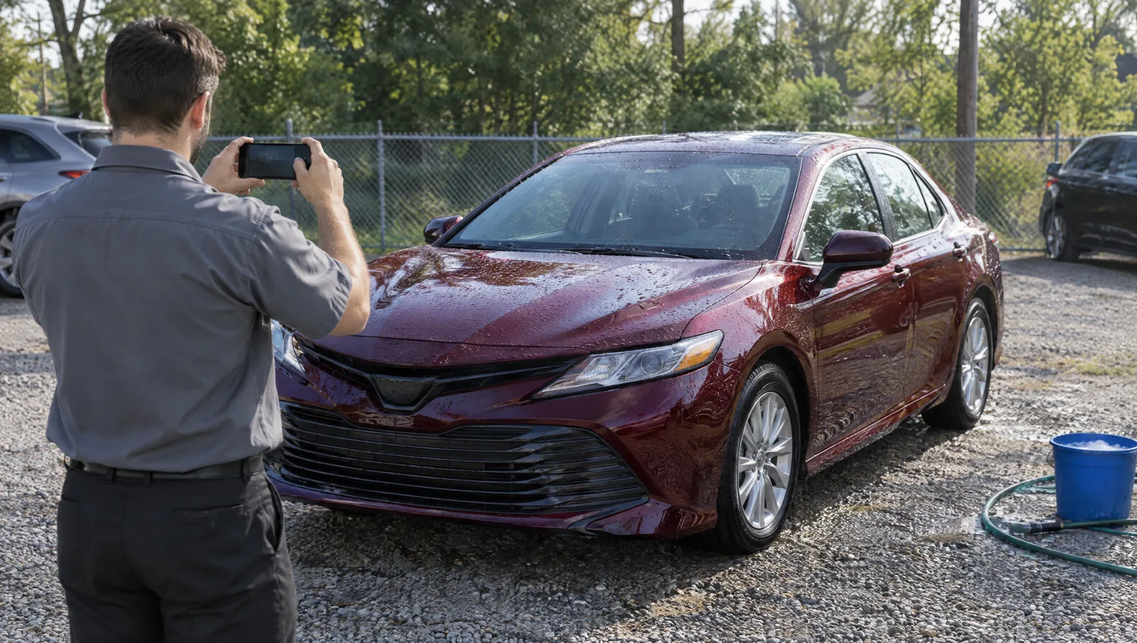 Dealership employee photographing a newly arrived used sedan with a phone on a gravel lot