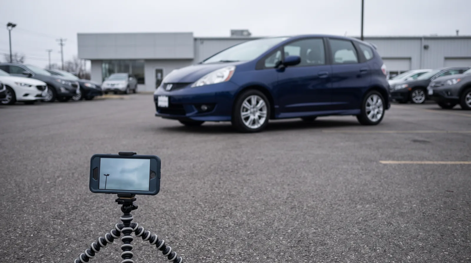 Smartphone on a compact tripod photographing a car in an ordinary dealership parking area