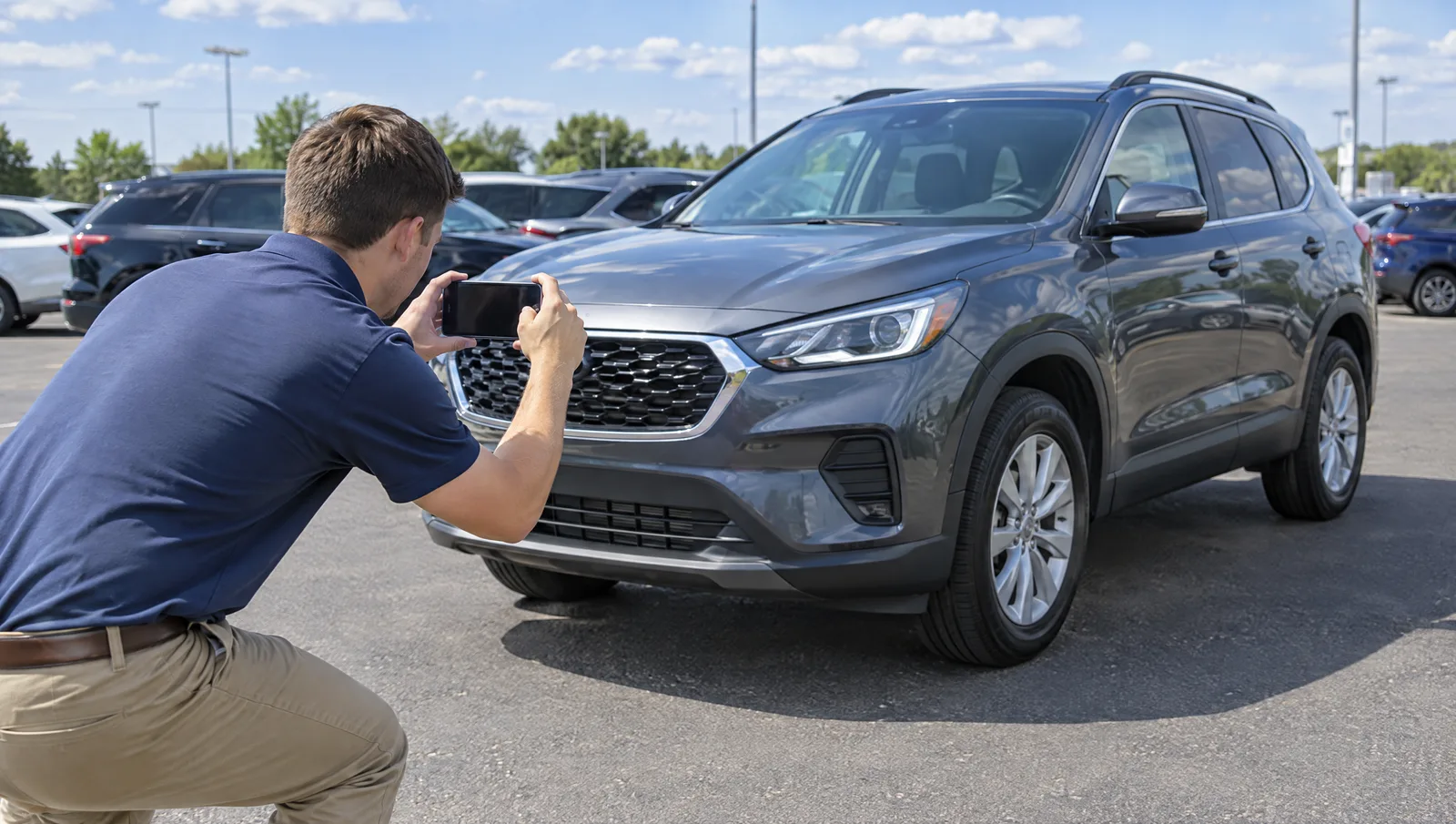 Salesperson photographing a used SUV with a smartphone in a dealership lot on a sunny morning
