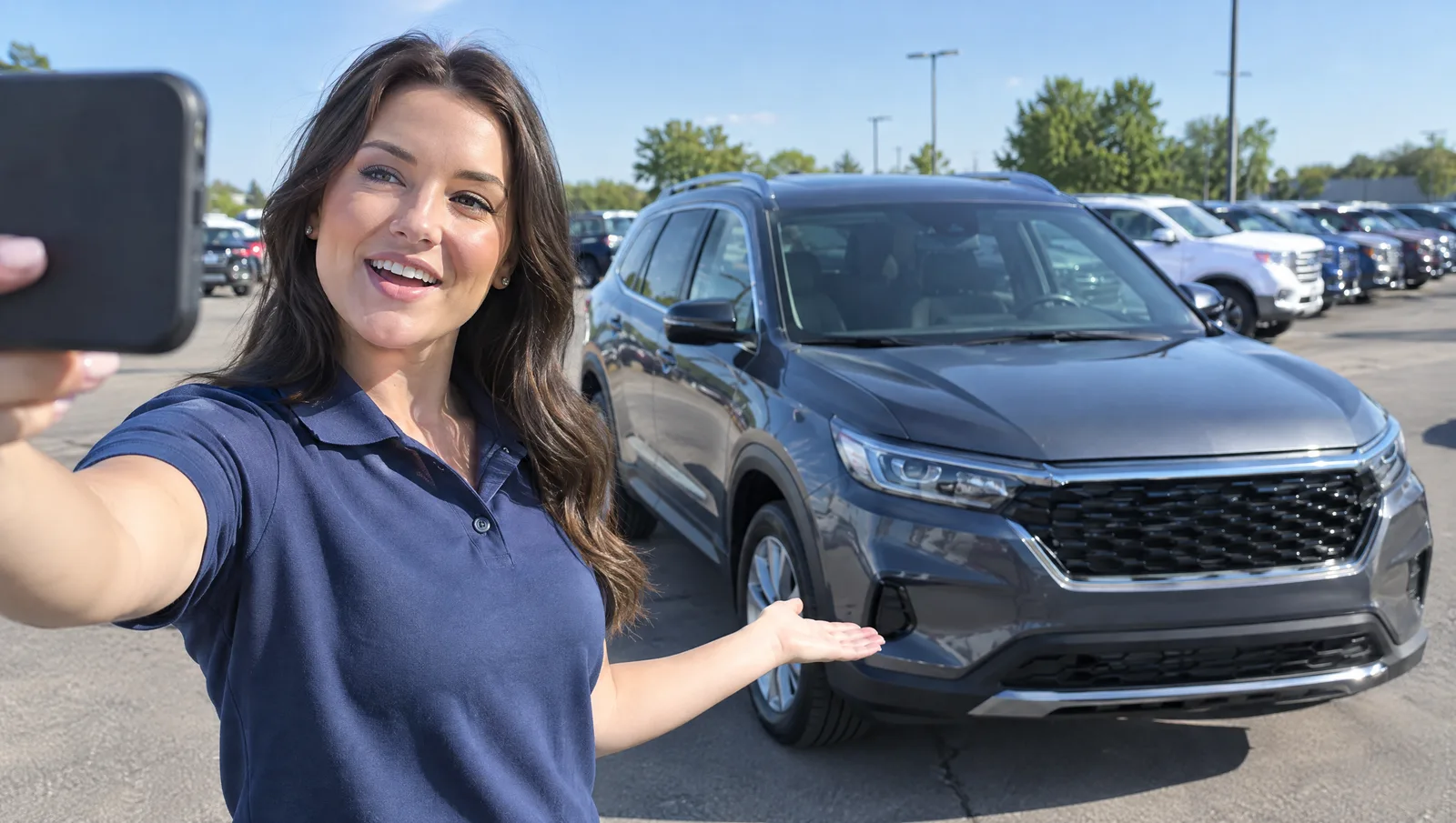 Salesperson holding a smartphone to record a video beside a used SUV on a dealership lot