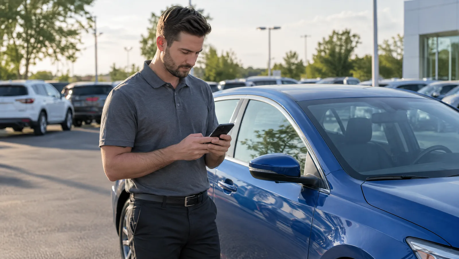 Car salesperson typing a text message on a smartphone while standing next to a blue sedan on a dealership lot