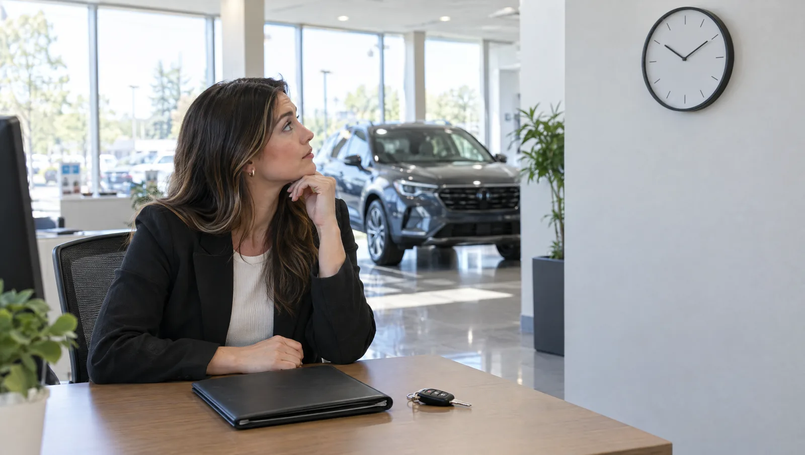 Car salesperson sitting at a showroom desk checking the time on a wall clock while waiting for a customer