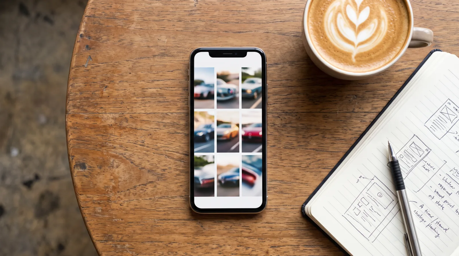 Social media content planning layout with calendar and vehicle photos on a desk