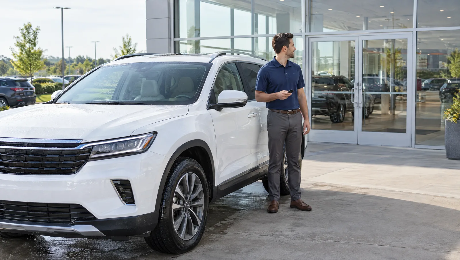 Clean white SUV parked at a dealership showroom entrance with a salesperson waiting beside it