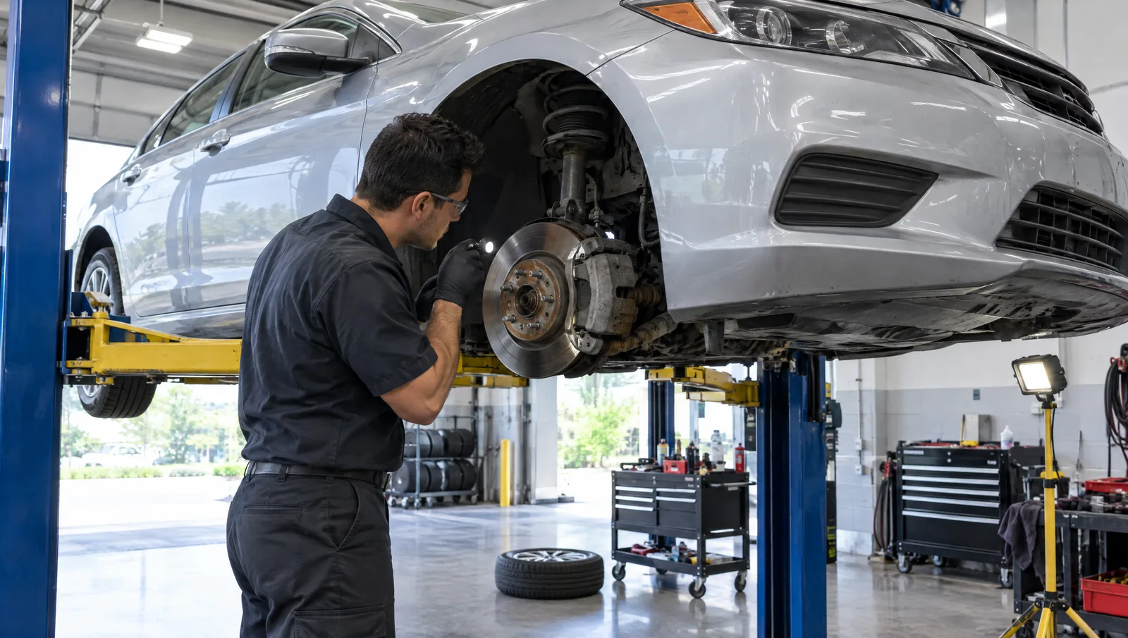 Service technician inspecting the front wheel and brakes of a used sedan on a lift in a dealership service bay