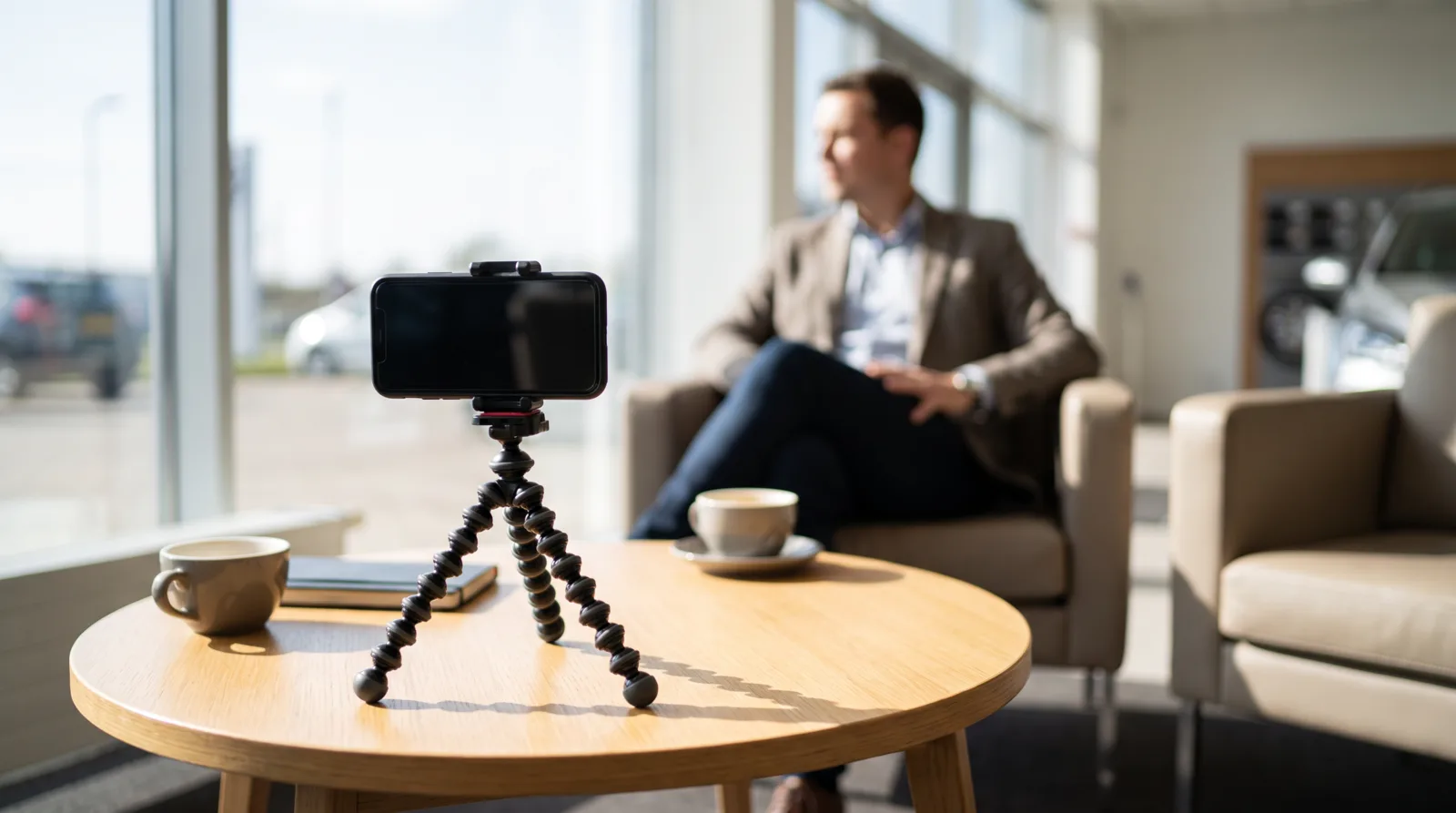 Smartphone on a small tripod recording a seated customer interview in soft window light
