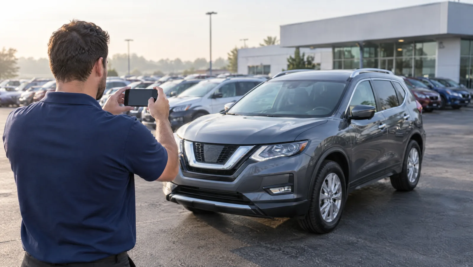 Dealership employee photographing a newly arrived used SUV with a smartphone on the lot in the morning