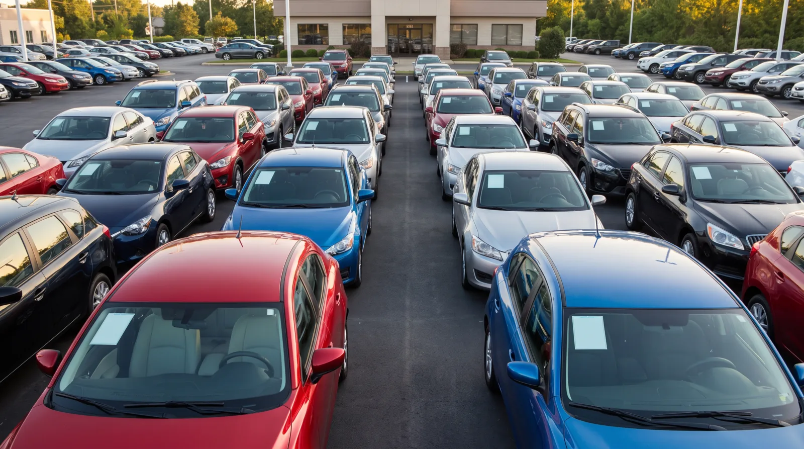 Rows of used vehicles on a dealership lot representing live inventory