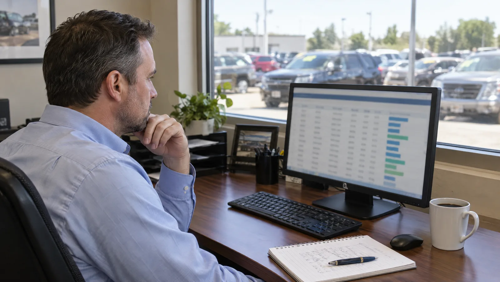 Used car manager at a desk reviewing an inventory aging report on a monitor with a notepad beside the keyboard