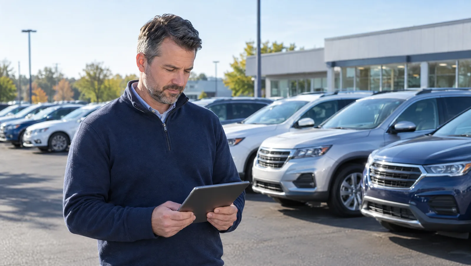 Used car manager reviewing vehicle listings on a tablet while standing on a dealership lot