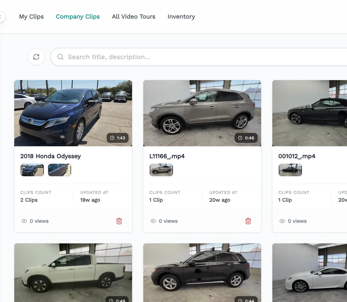 Content library showing company clips with durations, clip counts and view counts