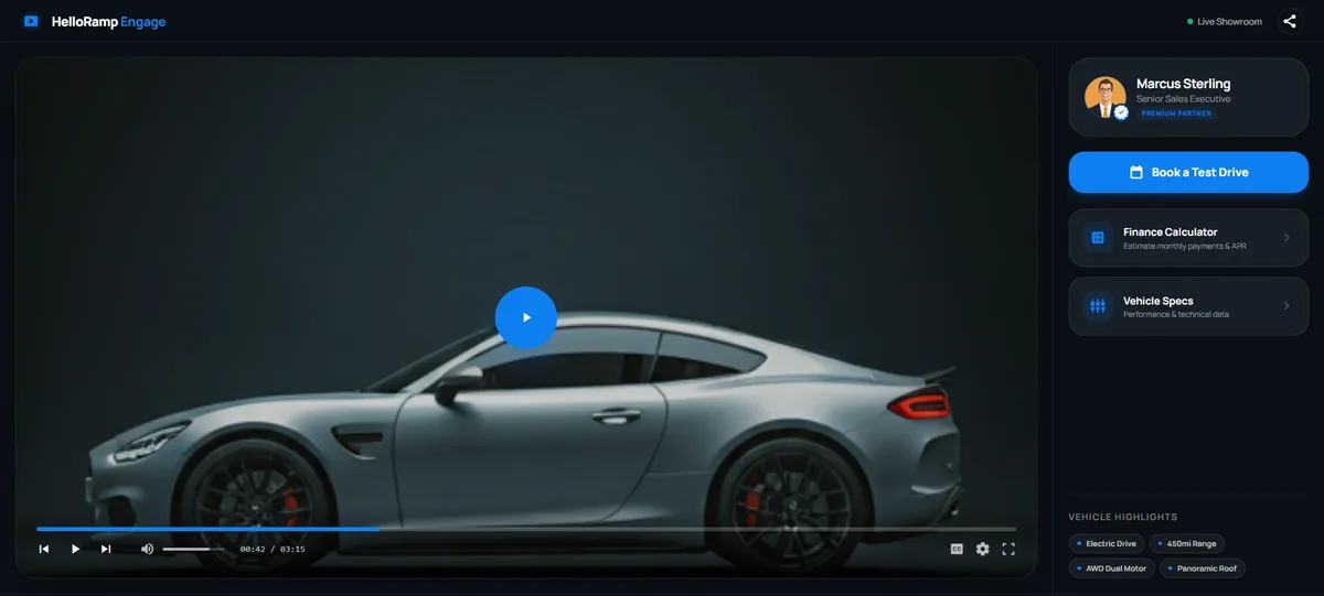 Rep's own branded landing page with contact buttons and related inventory