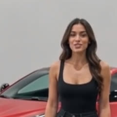 AI presenter Maya, a woman in a black top beside a red sports car