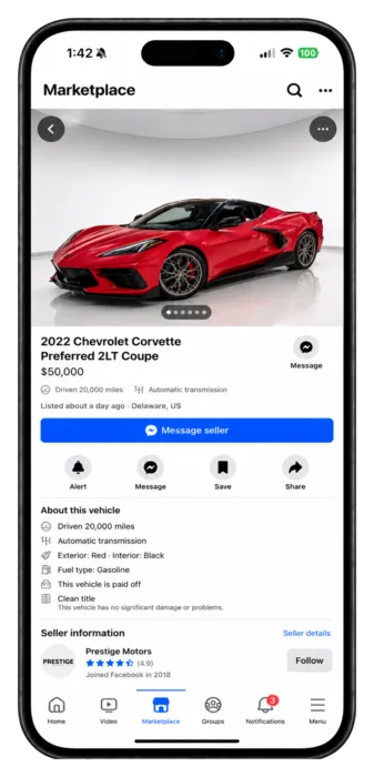 The same 2022 Chevrolet Corvette listing posted natively to Facebook Marketplace