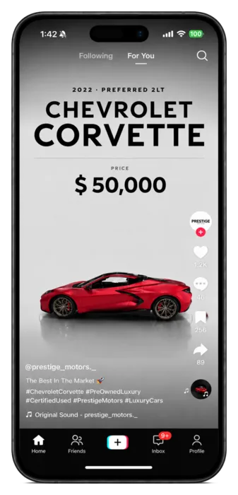 The same 2022 Chevrolet Corvette listing posted natively to TikTok