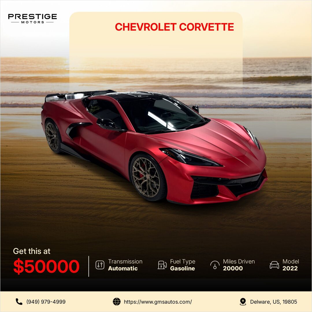 Lifestyle listing post with the car on a beach and a spec bar